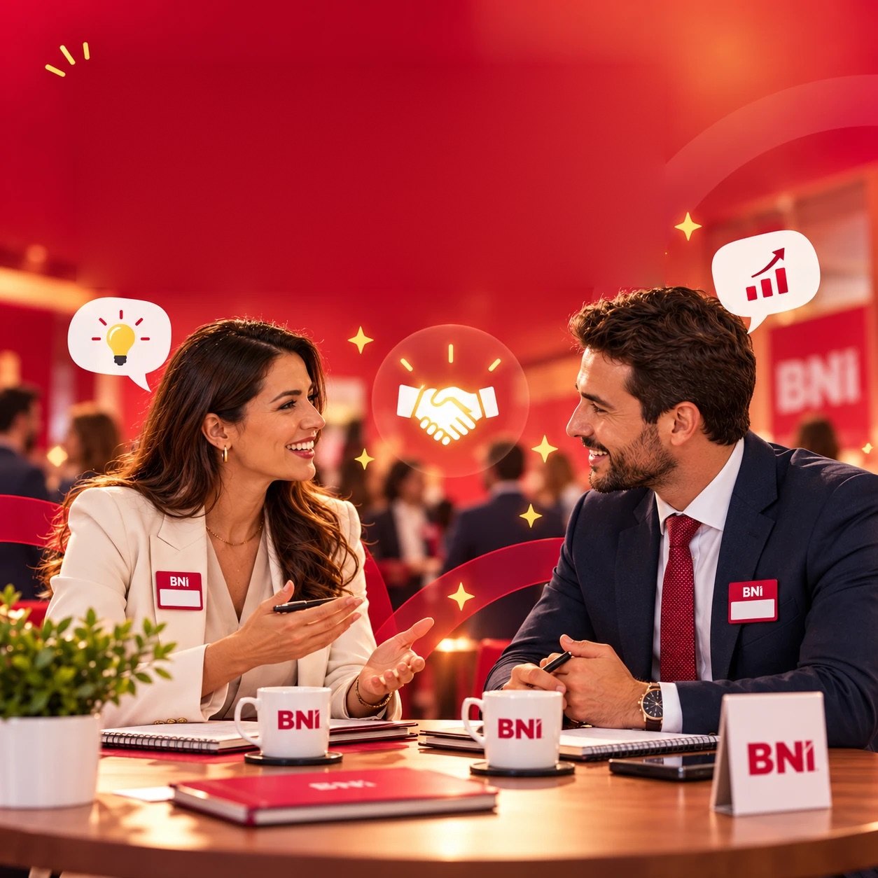 Duas pessoas conversando em um 1 a 1 do BNI POA Laçador, com balões de ideias, crescimento e um aperto de mãos